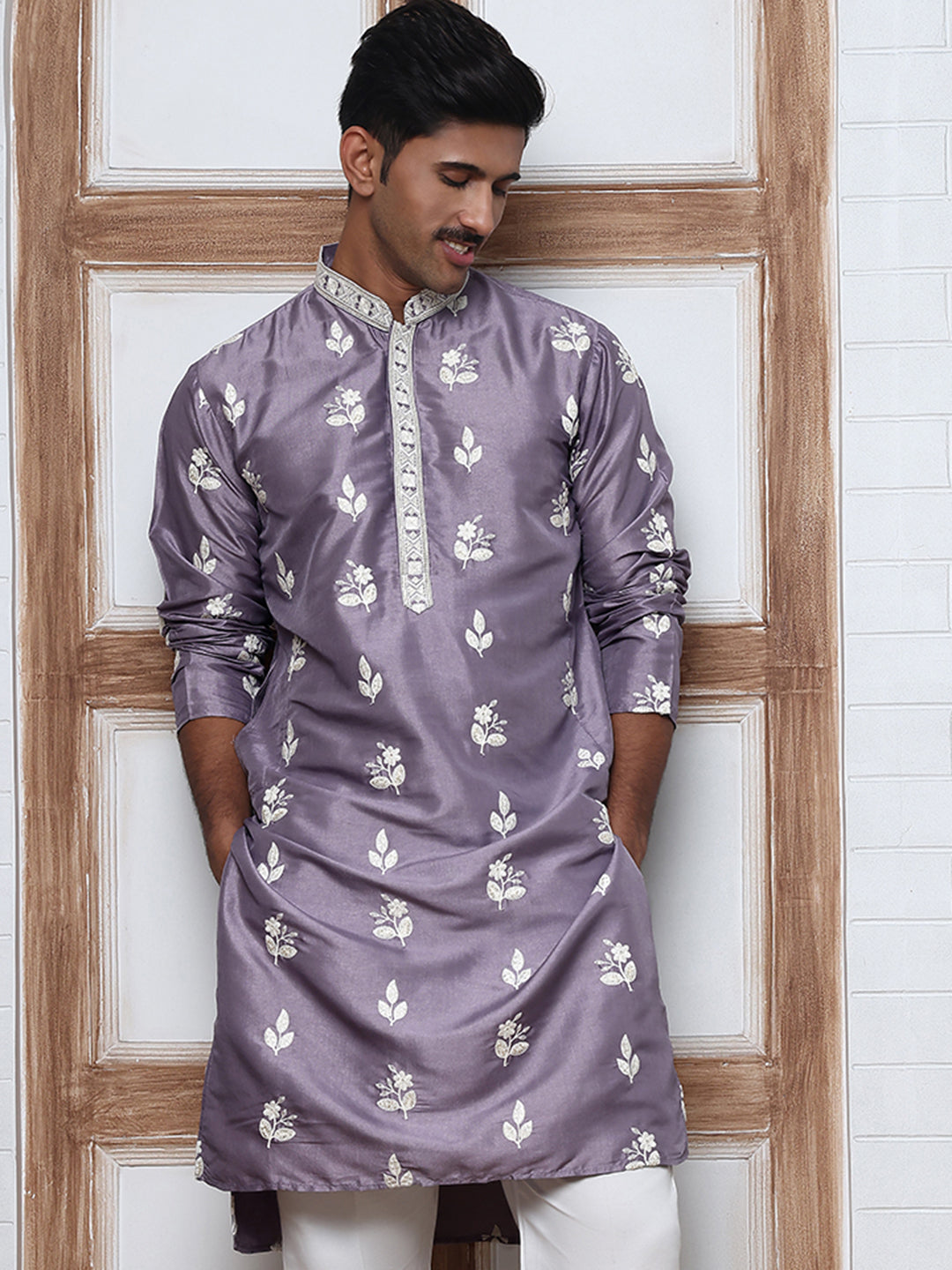 Men’s Embroidered Silk Blend Kurta (65KO 5347 Purple ) [FF] [B-1-2]