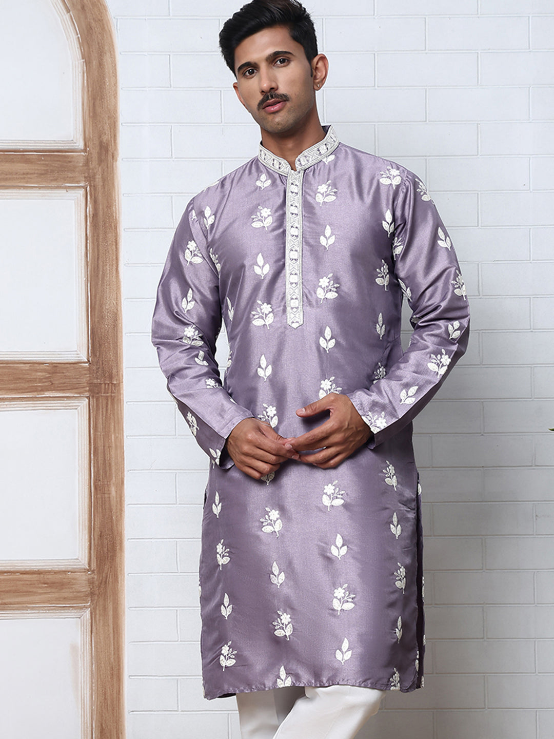 Men’s Embroidered Silk Blend Kurta (65KO 5347 Purple ) [FF] [B-1-2]