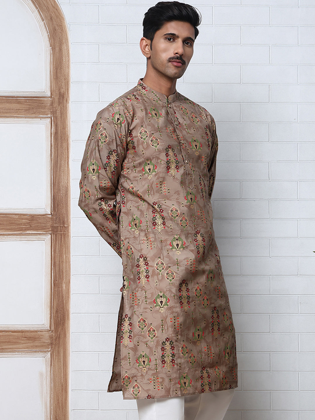 Traditional Foil Printed Kurta for Men (65KO 5348 Brown ) [FF] [D-1]