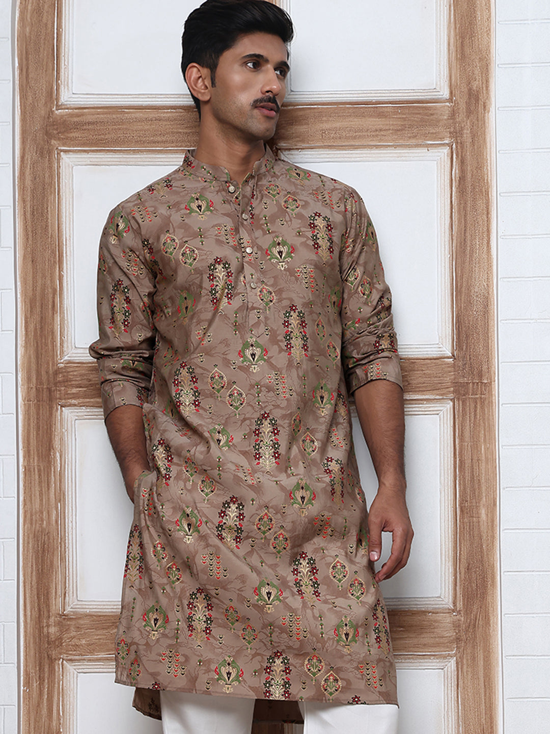 Traditional Foil Printed Kurta for Men (65KO 5348 Brown ) [FF] [D-1]