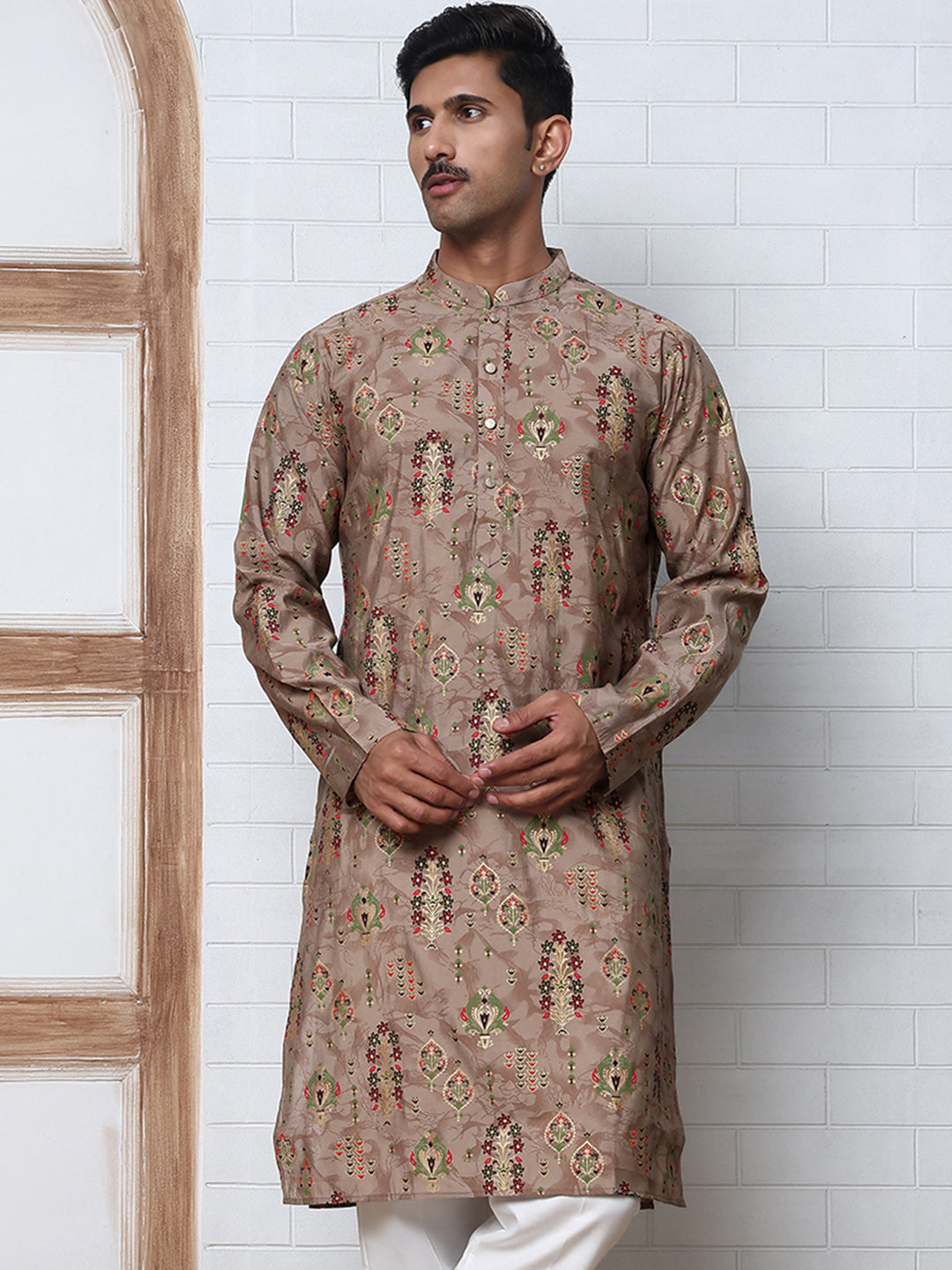 Traditional Foil Printed Kurta for Men (65KO 5348 Brown ) [FF] [D-1]