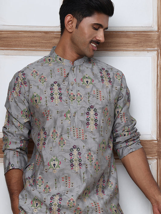 Traditional Foil Printed Kurta for Men (65KO 5348 Grey ) [FF] [D-1]