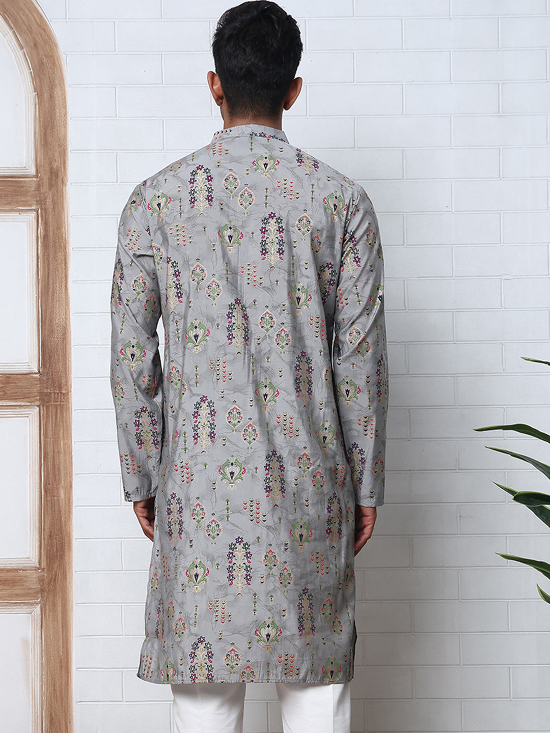 Traditional Foil Printed Kurta for Men (65KO 5348 Grey ) [FF] [D-1]