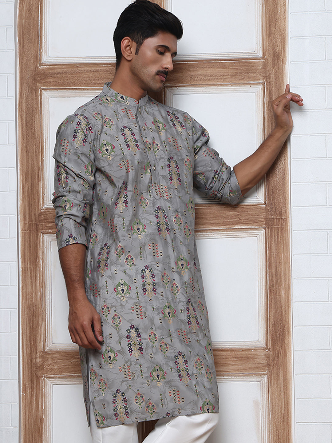 Traditional Foil Printed Kurta for Men (65KO 5348 Grey ) [FF] [D-1]