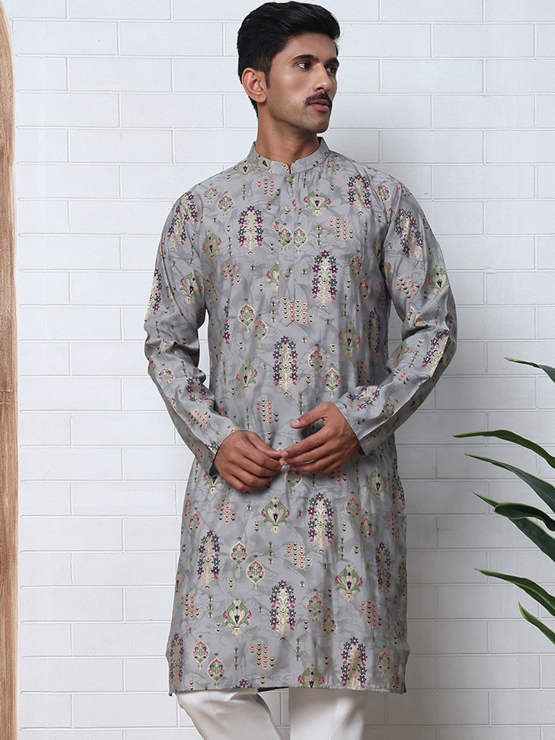 Traditional Foil Printed Kurta for Men (65KO 5348 Grey ) [FF] [D-1]