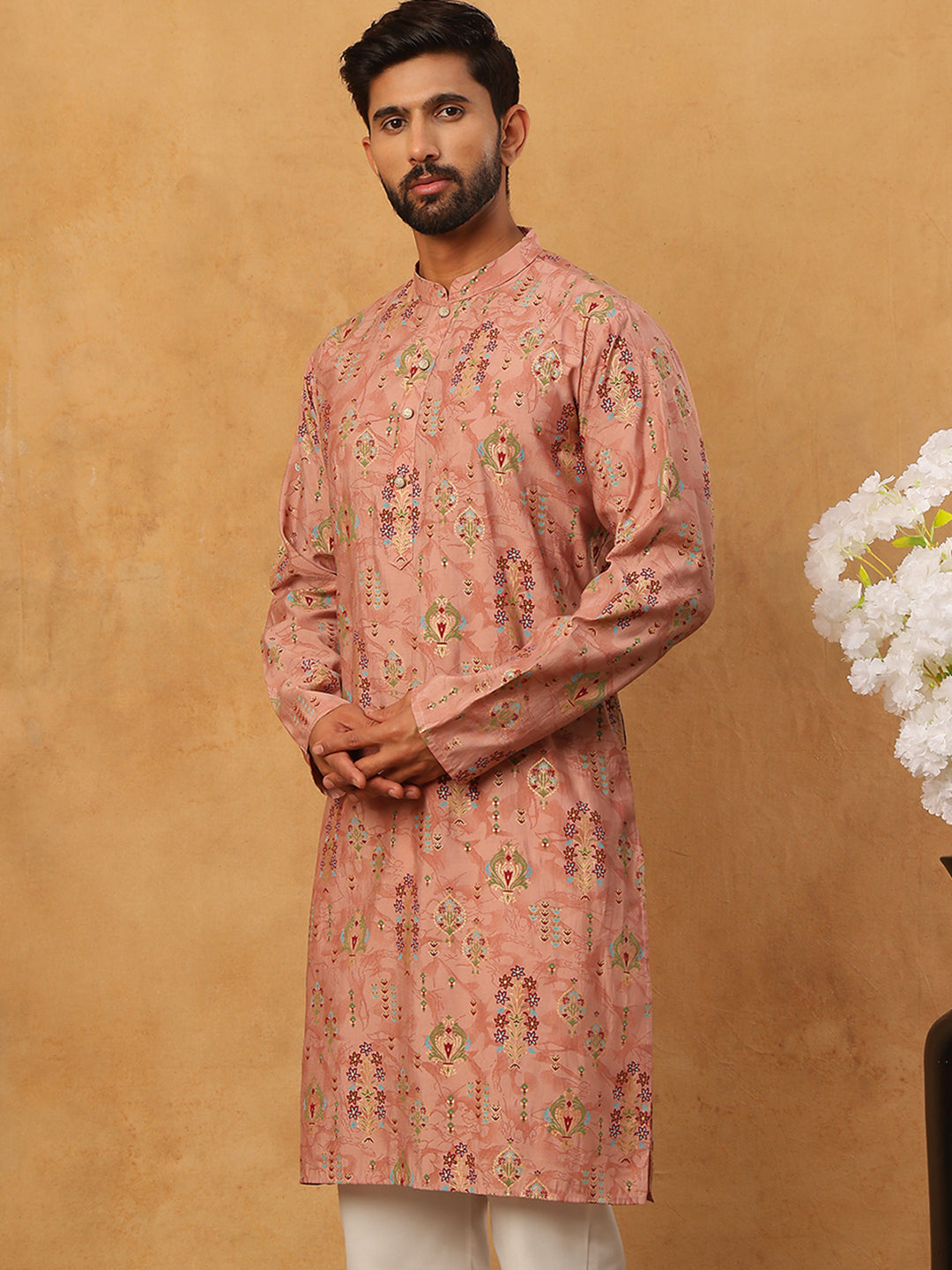 Traditional Foil Printed Kurta for Men (65KO 5348 Peach ) [FF] [D-1]