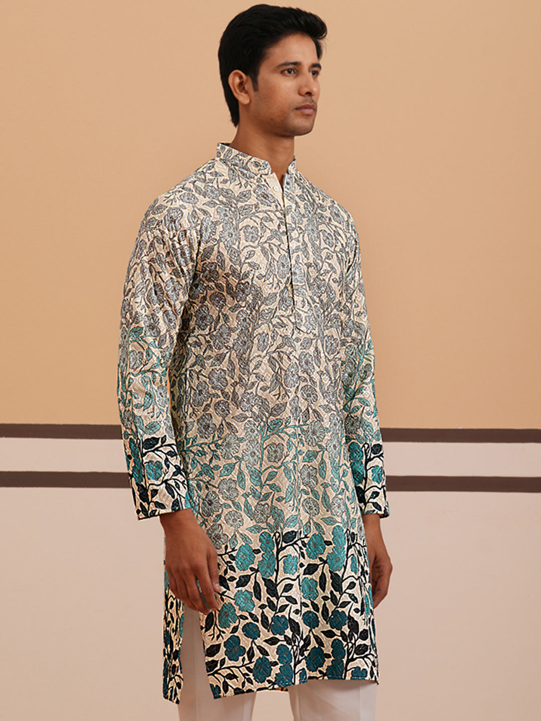 Men’s Printed Kurta with Embroidered Detailing (65KO 5349 Blue ) [FF] [Q-12-13]