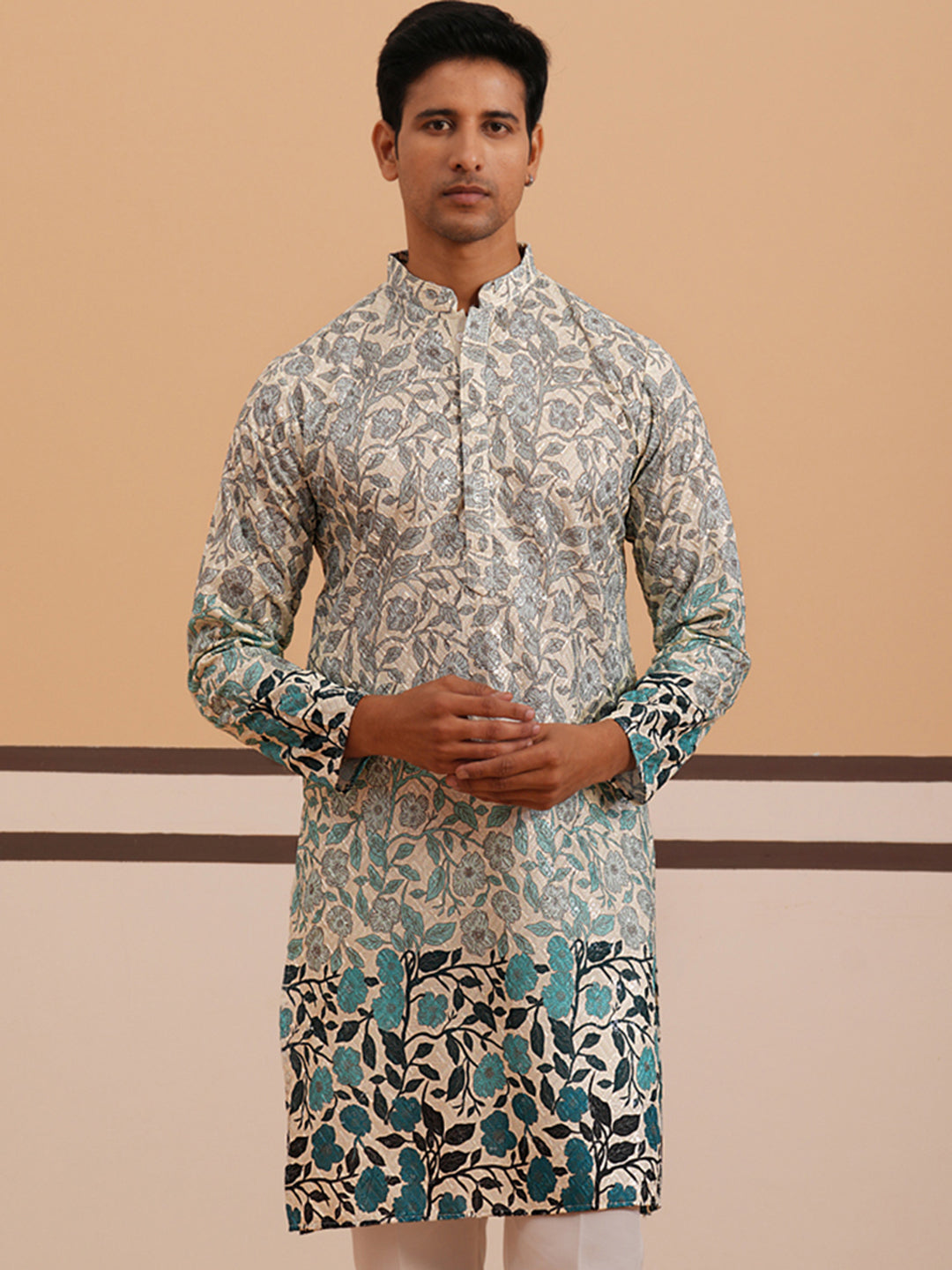 Men’s Printed Kurta with Embroidered Detailing (65KO 5349 Blue ) [FF] [Q-12-13]
