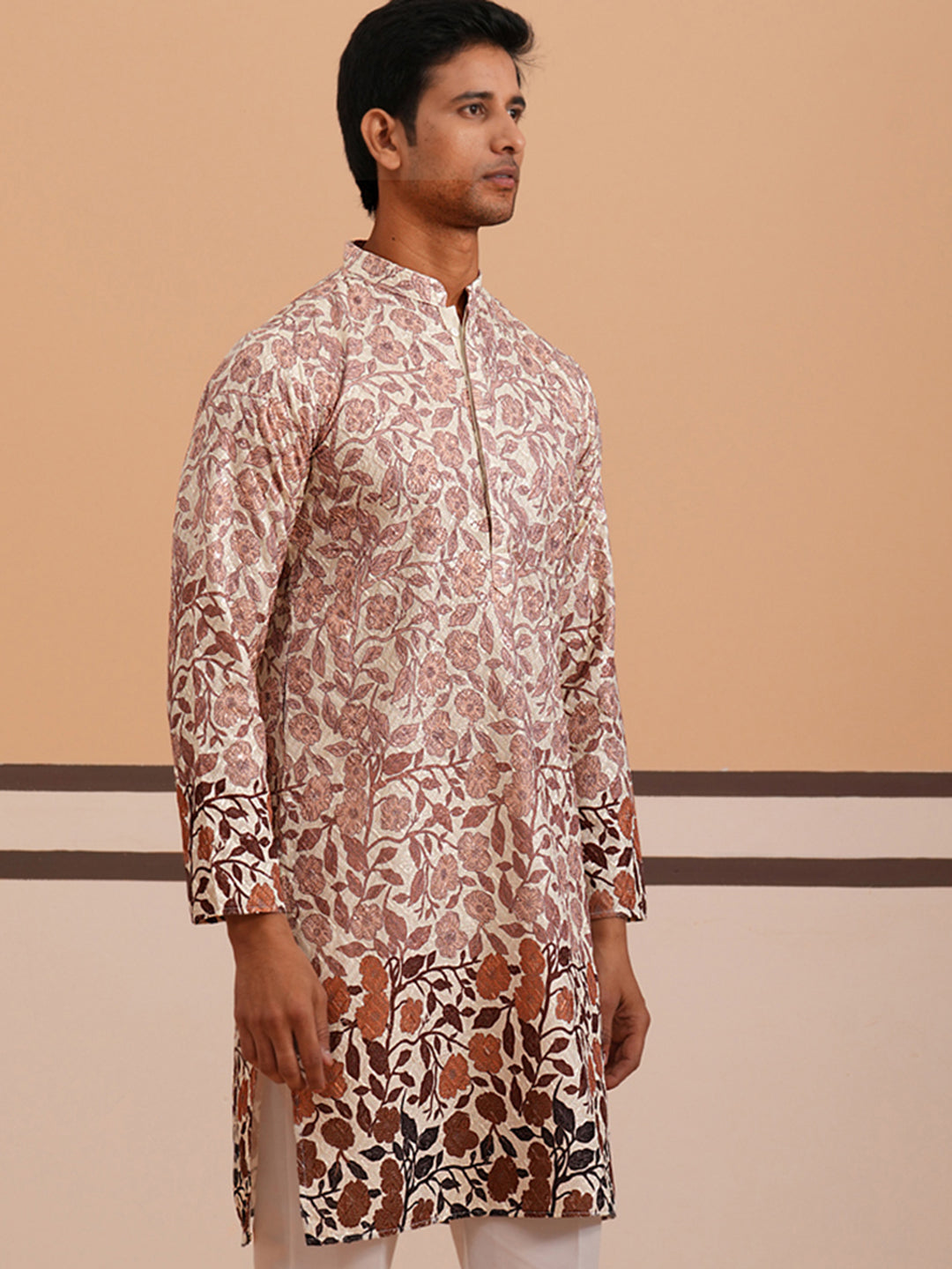 Men’s Printed Kurta with Embroidered Detailing ( 65KO 5349 Peach ) [FF] [Q-12-13]
