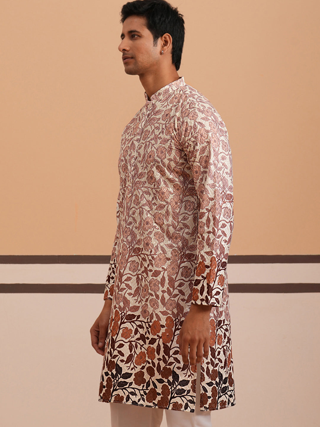 Men’s Printed Kurta with Embroidered Detailing ( 65KO 5349 Peach ) [FF] [Q-12-13]