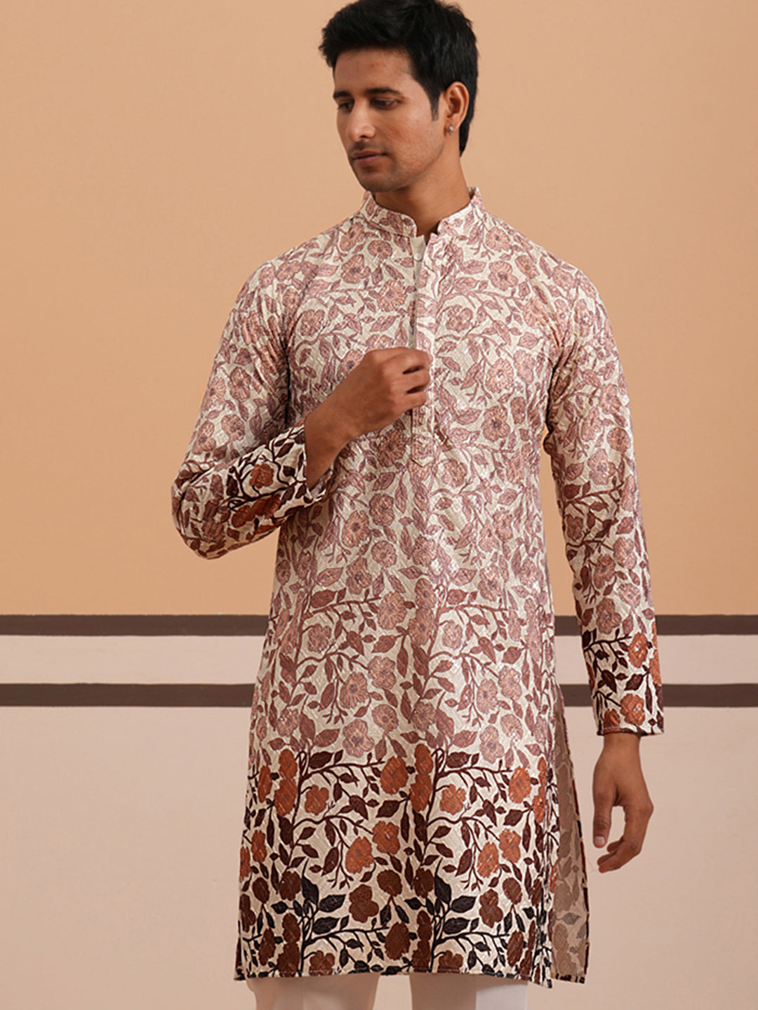 Men’s Printed Kurta with Embroidered Detailing ( 65KO 5349 Peach ) [FF] [Q-12-13]