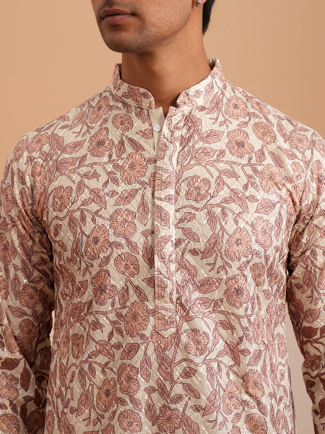 Men’s Printed Kurta with Embroidered Detailing ( 65KO 5349 Peach ) [FF] [Q-12-13]