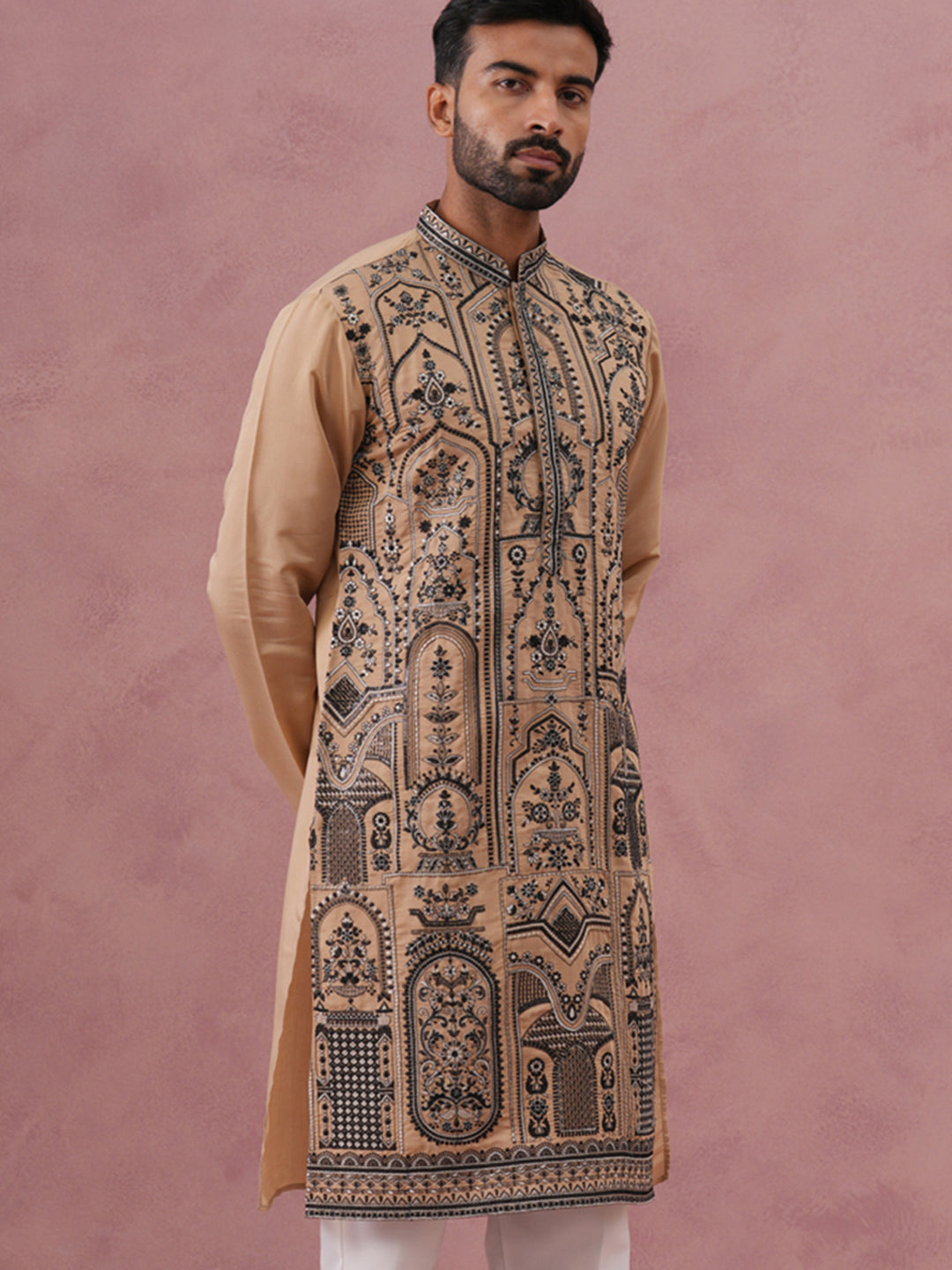 Men’s Silk Blend Embroidered Kurta (65KO 5350 Beige ) [FF] [A-1-4]