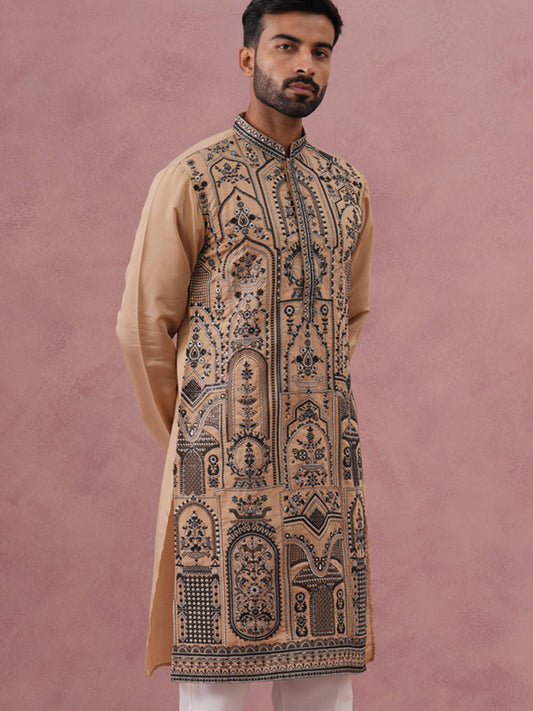 Men’s Silk Blend Embroidered Kurta (65KO 5350 Beige ) [FF] [A-1-4]