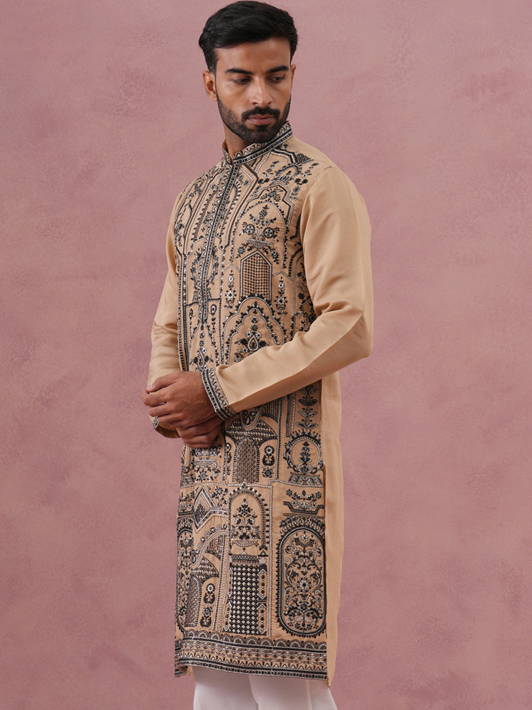 Men’s Silk Blend Embroidered Kurta (65KO 5350 Beige ) [FF] [A-1-4]