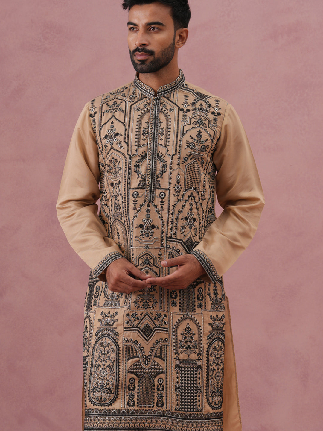 Men’s Silk Blend Embroidered Kurta (65KO 5350 Beige ) [FF] [A-1-4]