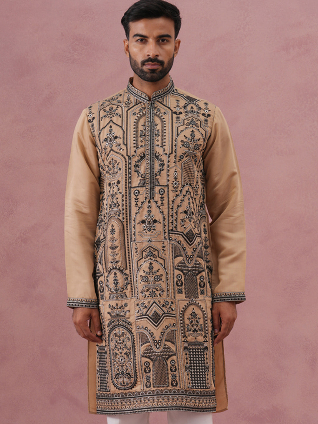 Men’s Silk Blend Embroidered Kurta (65KO 5350 Beige ) [FF] [A-1-4]