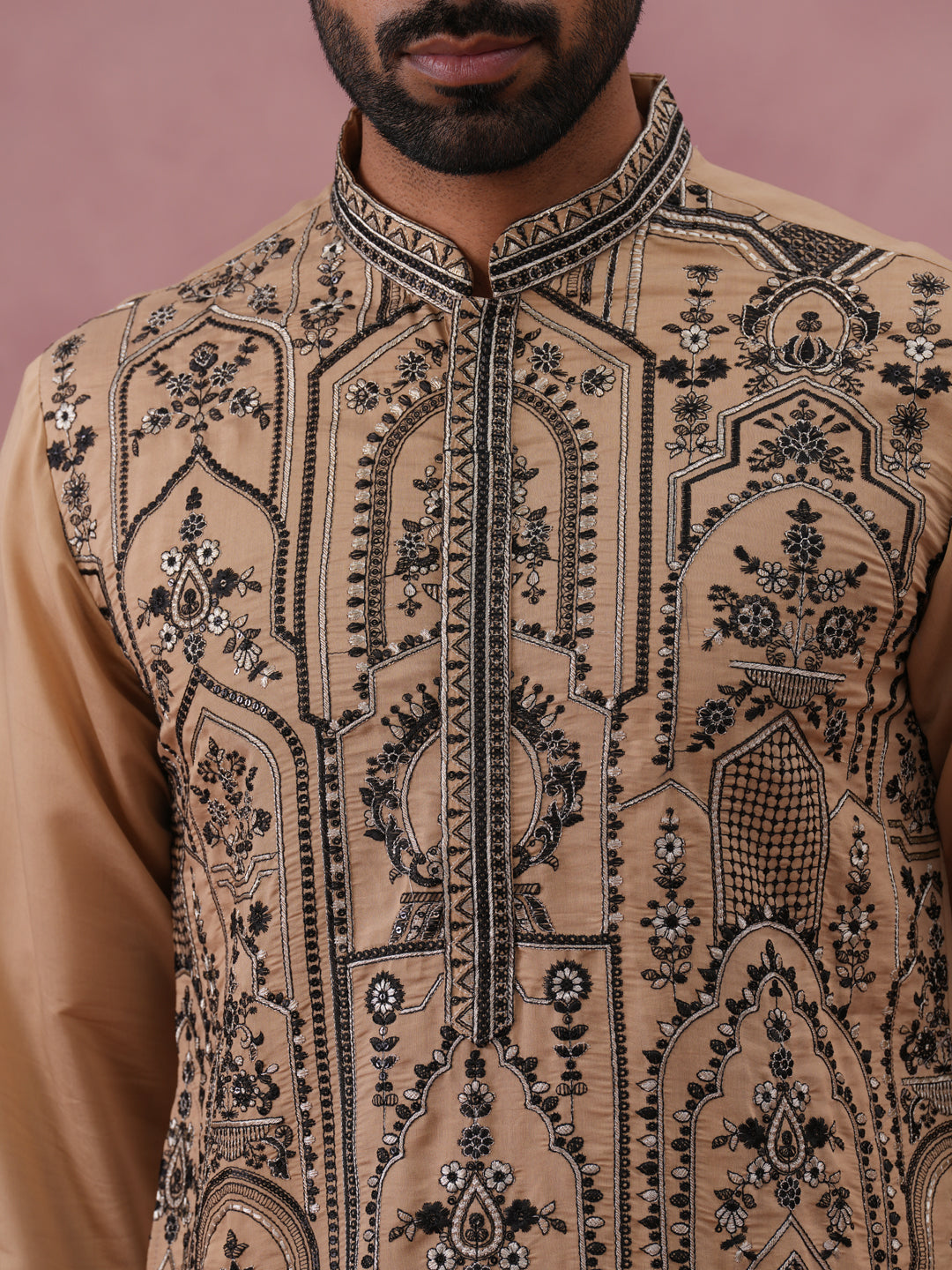Men’s Silk Blend Embroidered Kurta (65KO 5350 Beige ) [FF] [A-1-4]