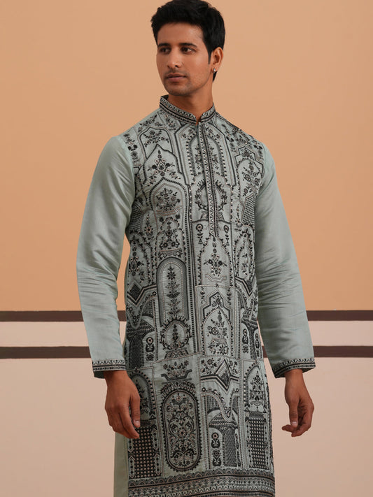 Men’s Silk Blend Embroidered Kurta (65KO 5350 Blue ) [FF] [A-1-4]