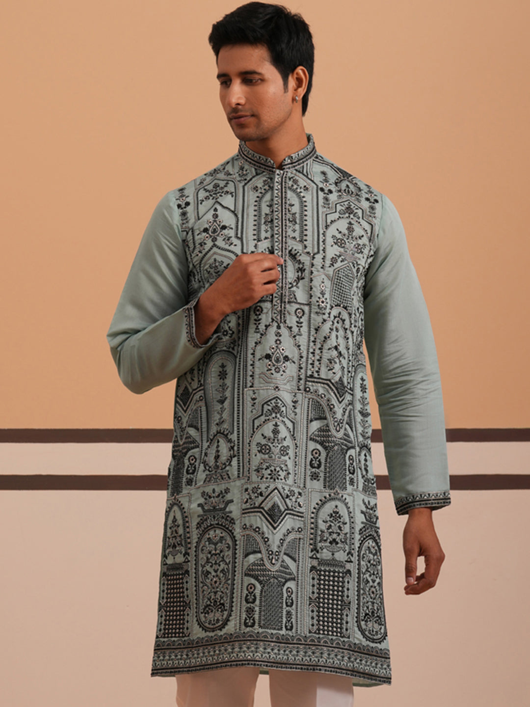 Men’s Silk Blend Embroidered Kurta (65KO 5350 Blue ) [FF] [A-1-4]