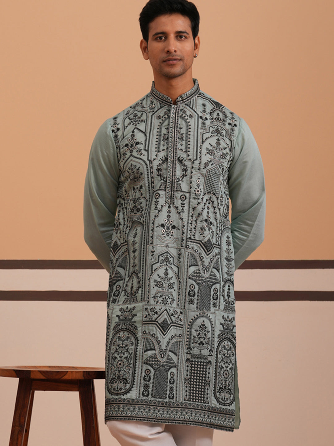 Men’s Silk Blend Embroidered Kurta (65KO 5350 Blue ) [FF] [A-1-4]