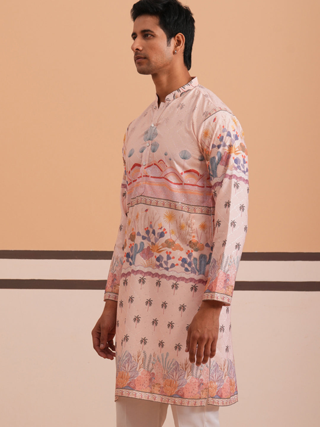 Men’s Cotton Blend Festive Printed Kurta ( 65KO 5353 Peach ) [FF] [A-1-4]