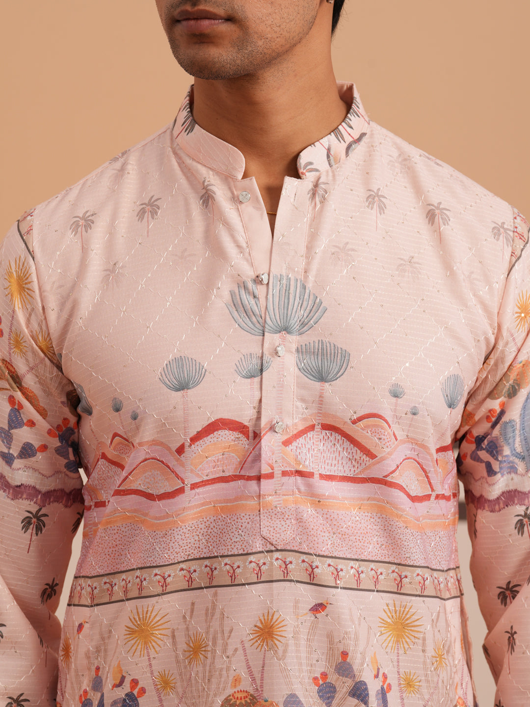 Men’s Cotton Blend Festive Printed Kurta ( 65KO 5353 Peach ) [FF] [A-1-4]
