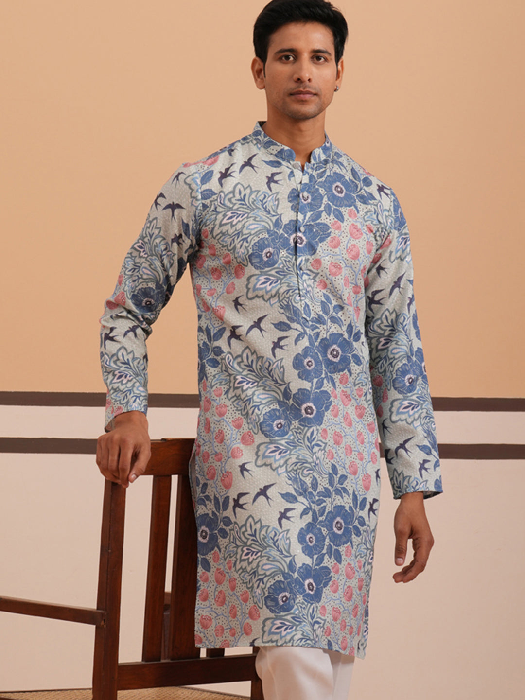 Men’s Printed Cotton Blend Kurta (65KO 5354 Blue ) [FF] [D-1]