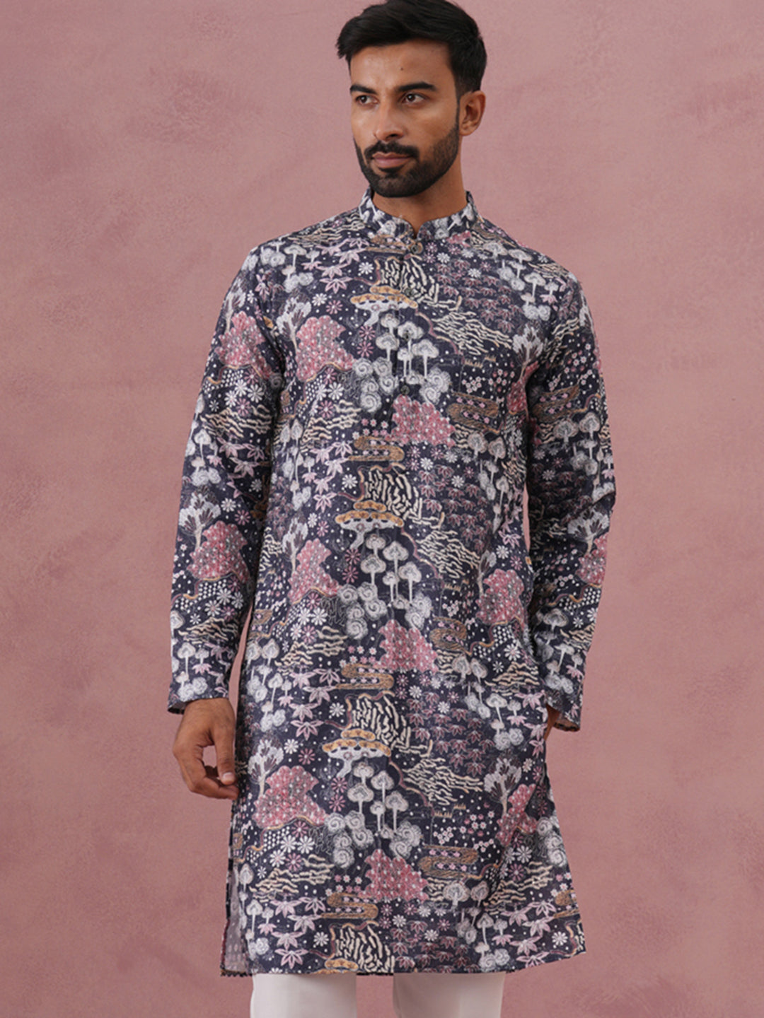 Men’s Printed Cotton Blend Kurta (65KO 5354 Grey ) [FF] [D-1]