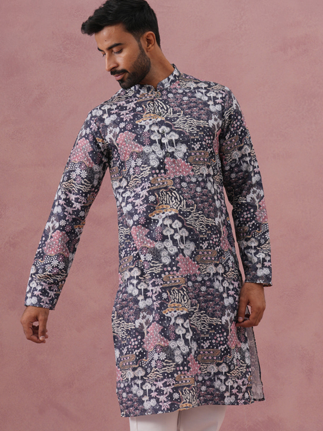 Men’s Printed Cotton Blend Kurta (65KO 5354 Grey ) [FF] [D-1]