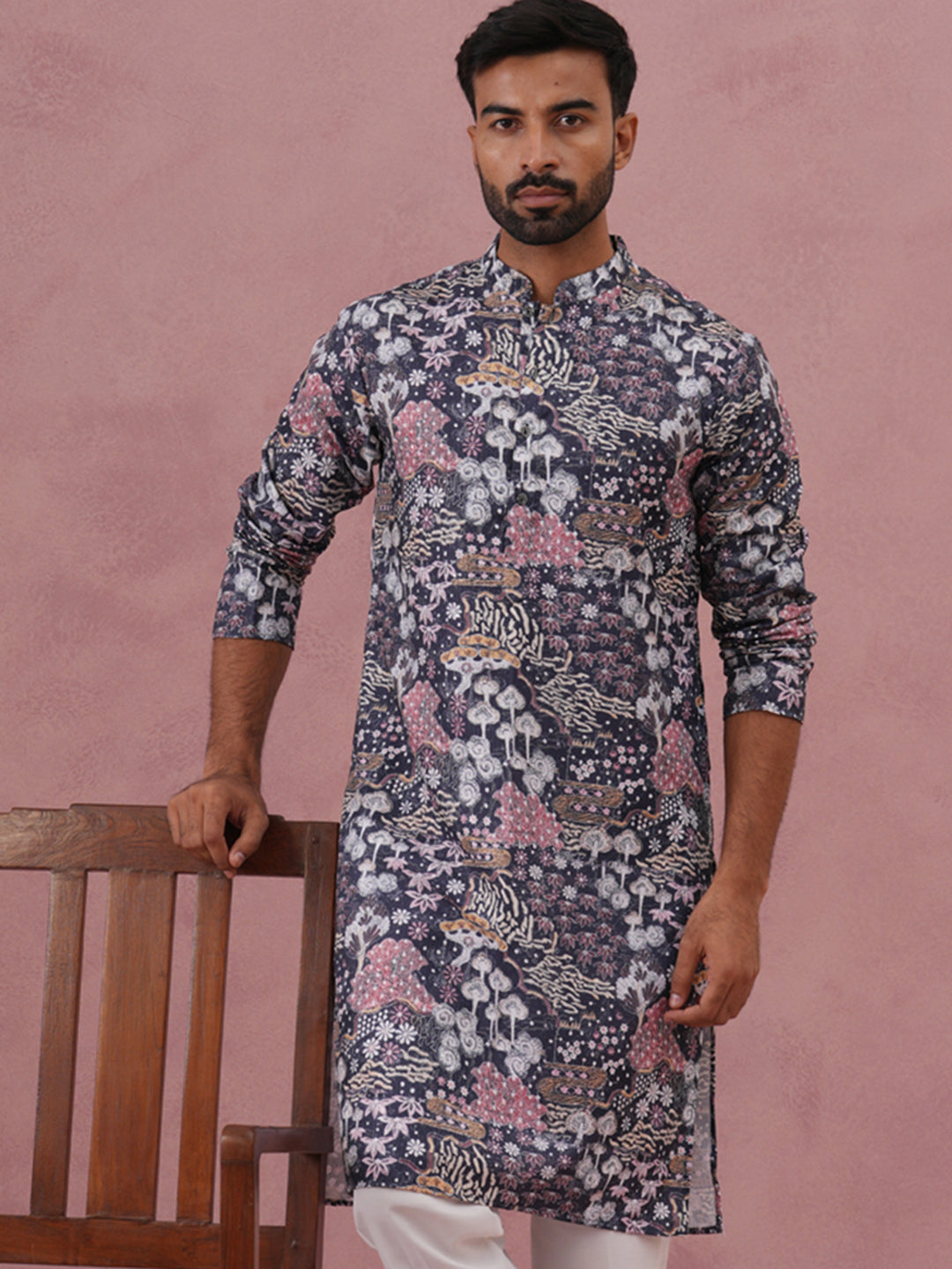 Men’s Printed Cotton Blend Kurta (65KO 5354 Grey ) [FF] [D-1]