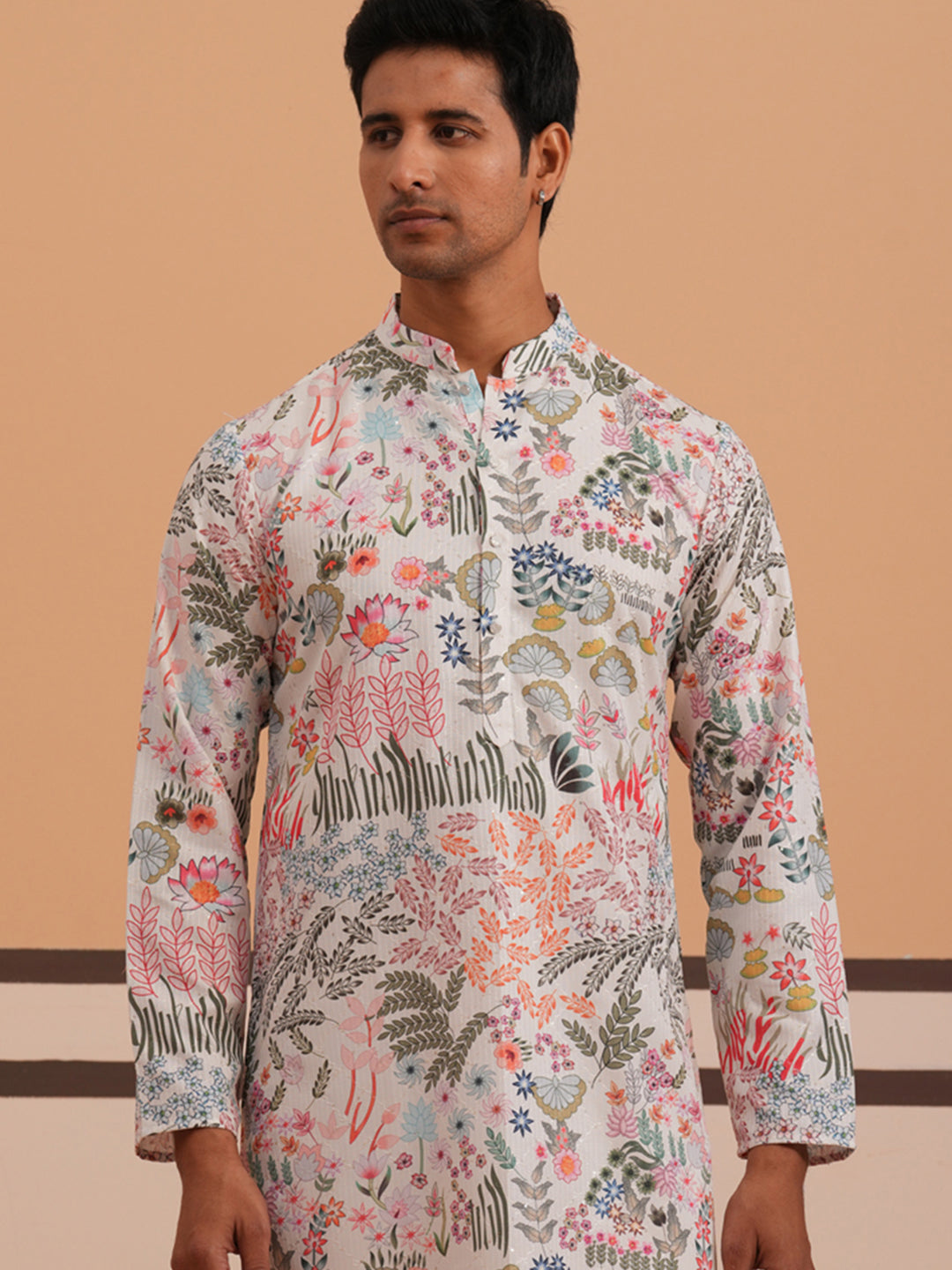 Men’s Printed Cotton Blend Kurta (65KO 5354 White ) [FF] [D-1]