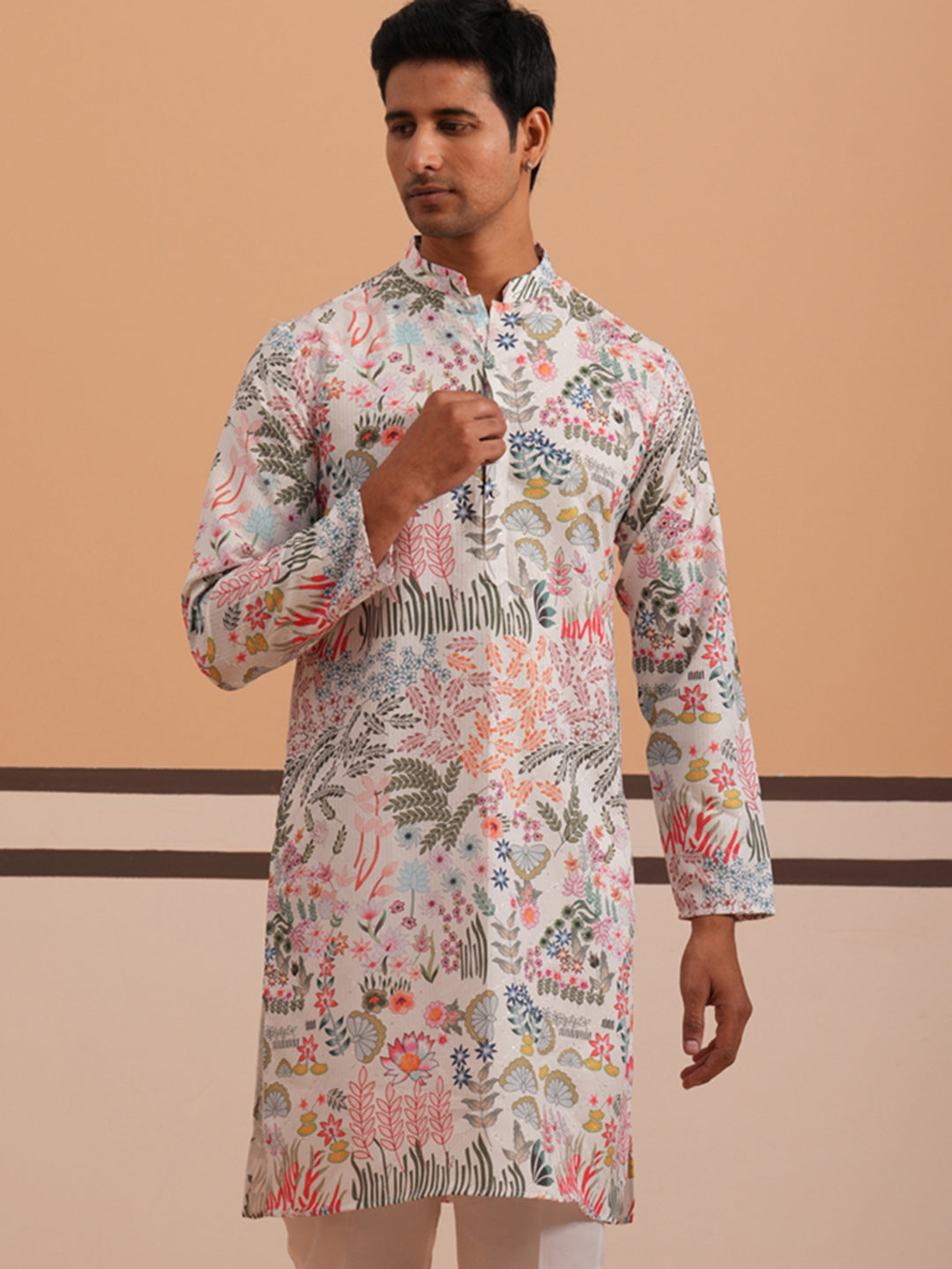 Men’s Printed Cotton Blend Kurta (65KO 5354 White ) [FF] [D-1]
