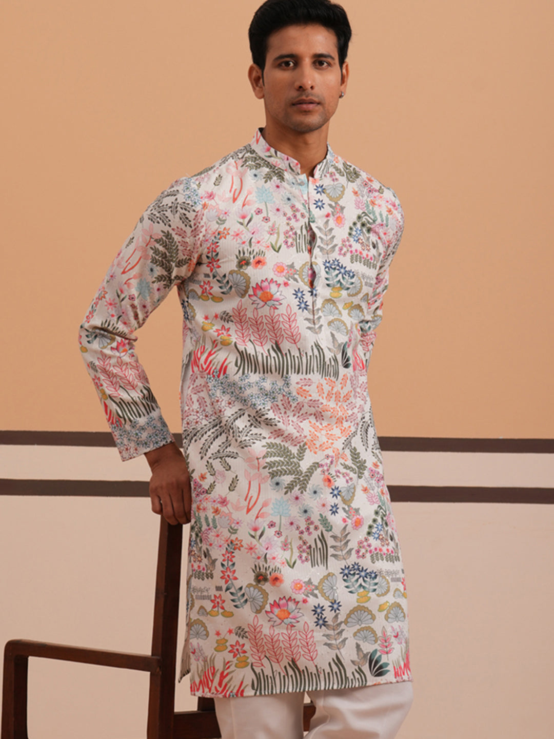 Men’s Printed Cotton Blend Kurta (65KO 5354 White ) [FF] [D-1]