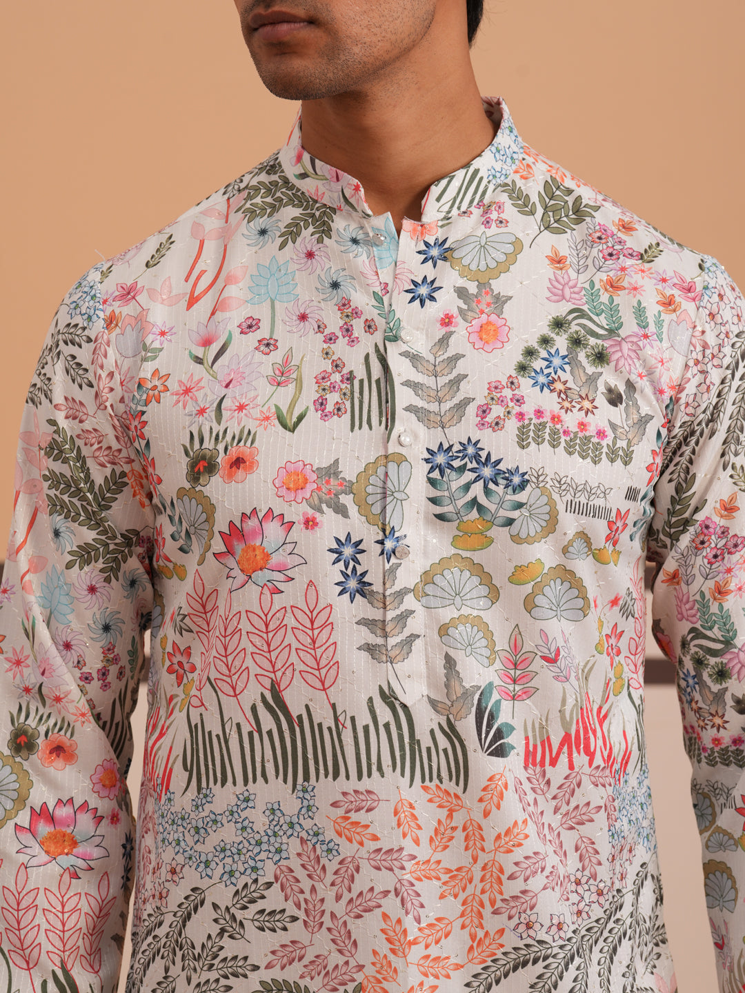 Men’s Printed Cotton Blend Kurta (65KO 5354 White ) [FF] [D-1]