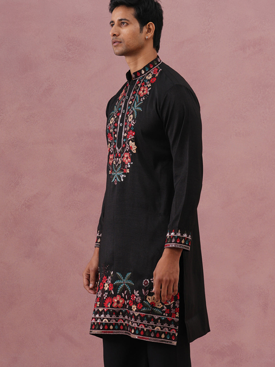 Floral Embroidered Silk Blend Kurta (65KO 5356 Black ) [FF] [B-9]