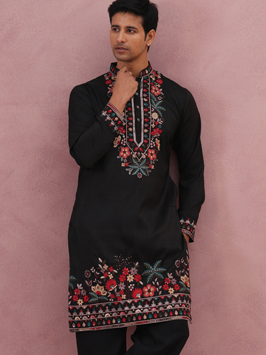 Floral Embroidered Silk Blend Kurta (65KO 5356 Black ) [FF] [B-9]