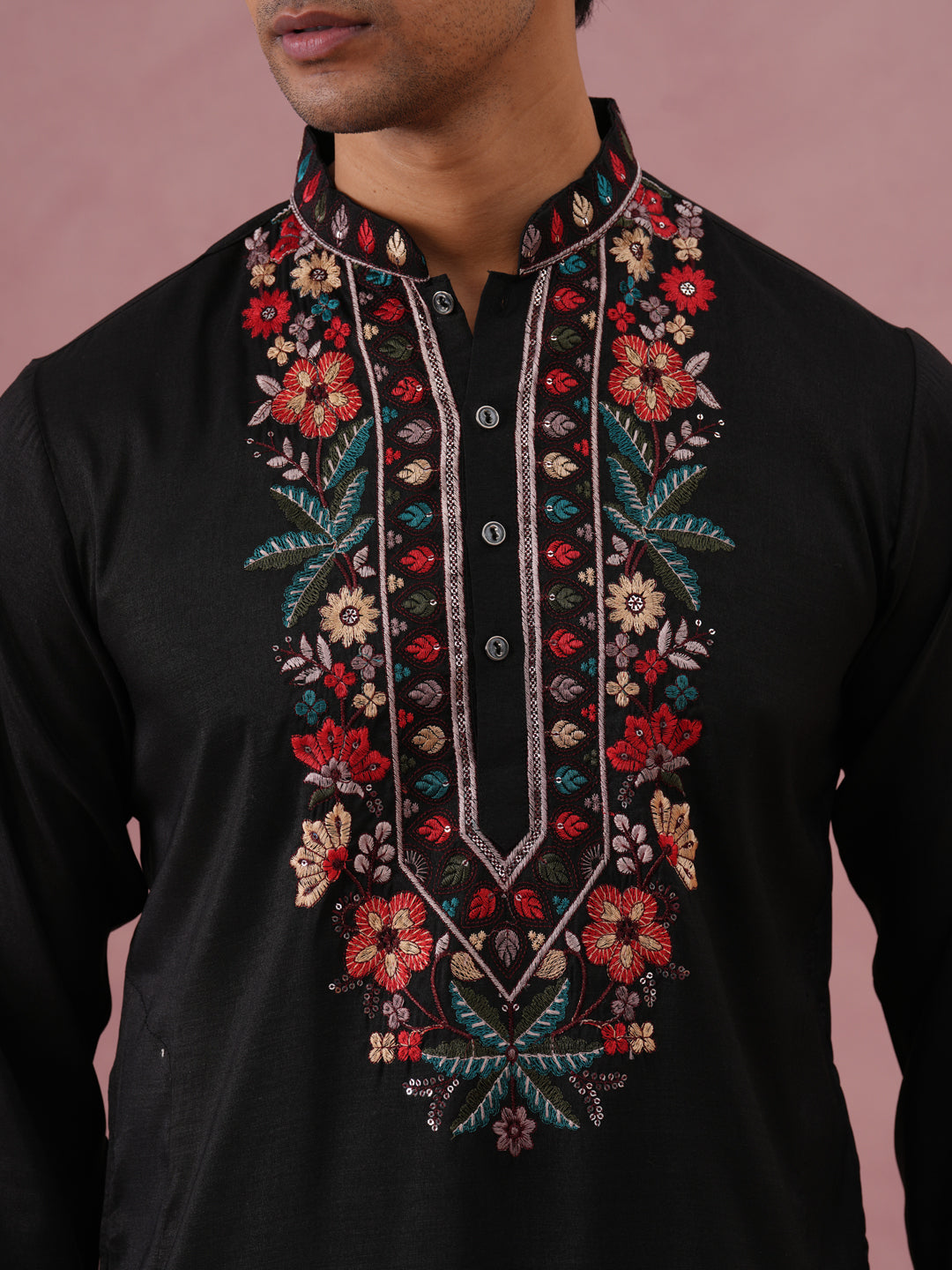 Floral Embroidered Silk Blend Kurta (65KO 5356 Black ) [FF] [B-9]