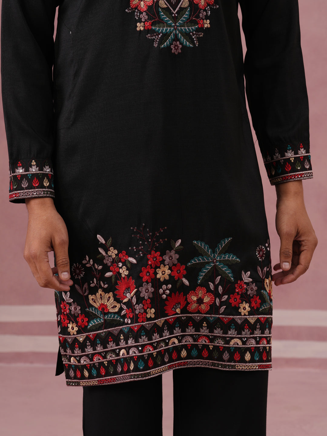 Floral Embroidered Silk Blend Kurta (65KO 5356 Black ) [FF] [B-9]