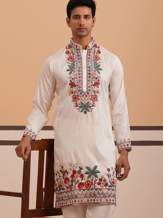 Floral Embroidered Silk Blend Kurta (65KO 5356 White ) [FF] [B-9]