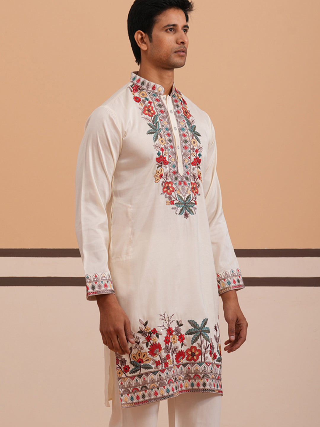 Floral Embroidered Silk Blend Kurta (65KO 5356 White ) [FF] [B-9]