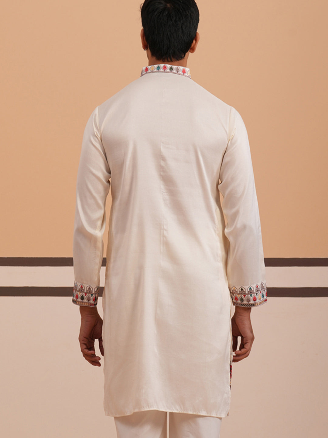 Floral Embroidered Silk Blend Kurta (65KO 5356 White ) [FF] [B-9]