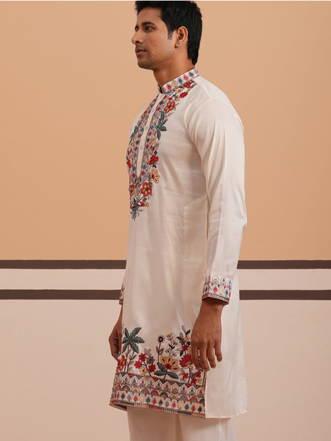 Floral Embroidered Silk Blend Kurta (65KO 5356 White ) [FF] [B-9]