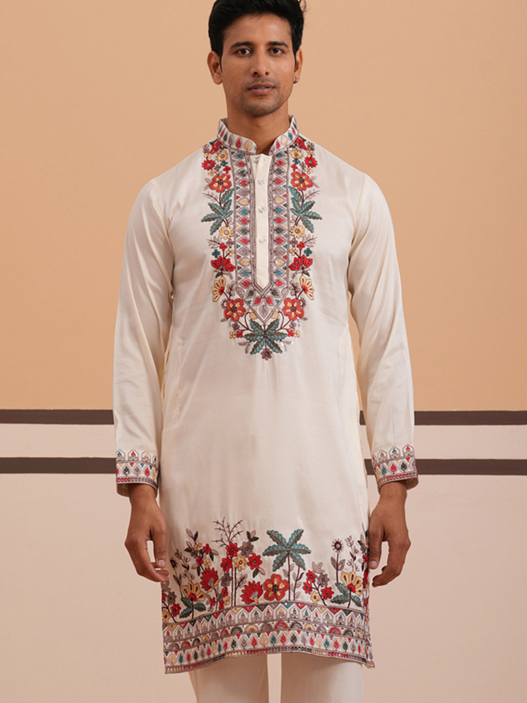 Floral Embroidered Silk Blend Kurta (65KO 5356 White ) [FF] [B-9]