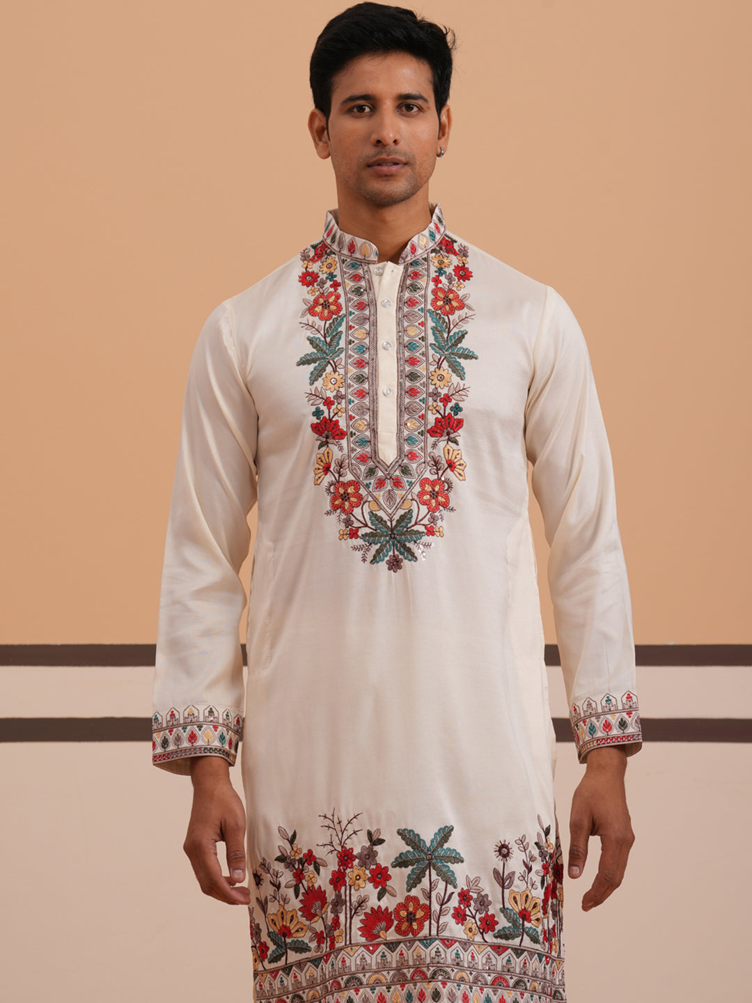 Floral Embroidered Silk Blend Kurta (65KO 5356 White ) [FF] [B-9]
