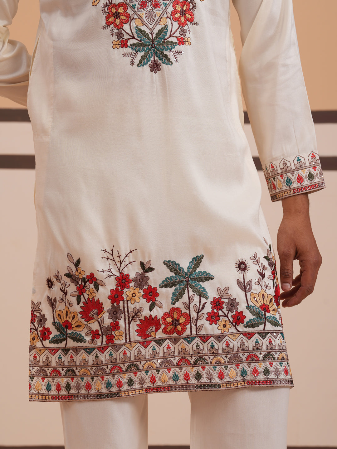 Floral Embroidered Silk Blend Kurta (65KO 5356 White ) [FF] [B-9]