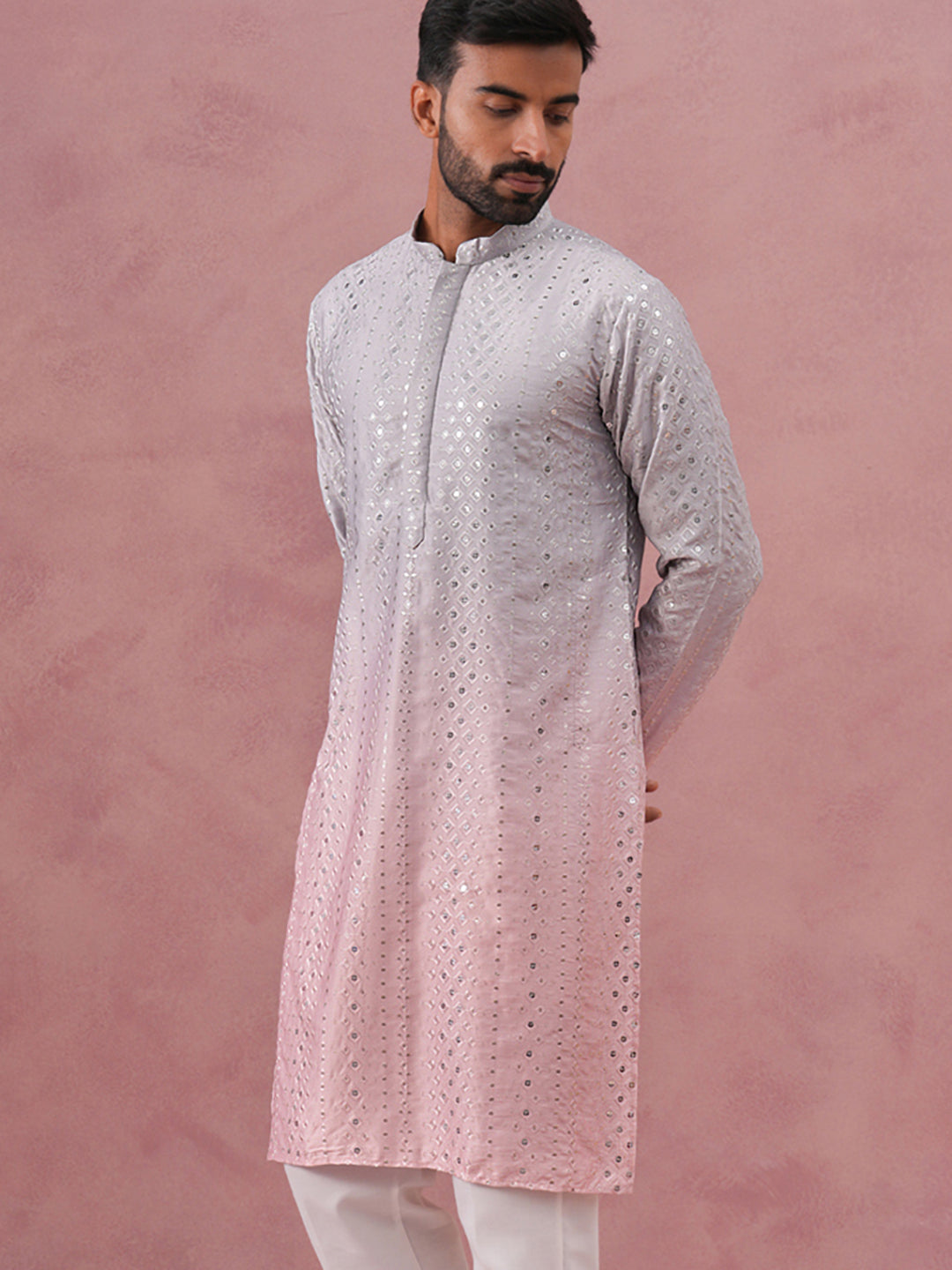 Ombre Silk Blend Kurta with Sequin Work ( 65KO 5357 Peach ) [FF] [Q-12-13]