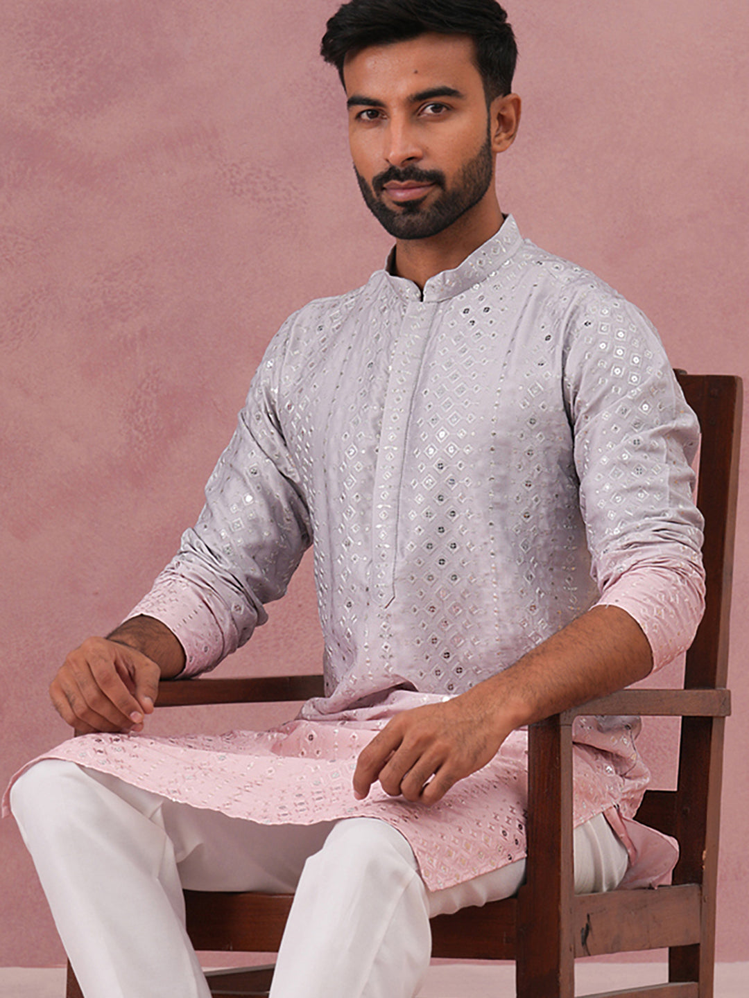 Ombre Silk Blend Kurta with Sequin Work ( 65KO 5357 Peach ) [FF] [Q-12-13]