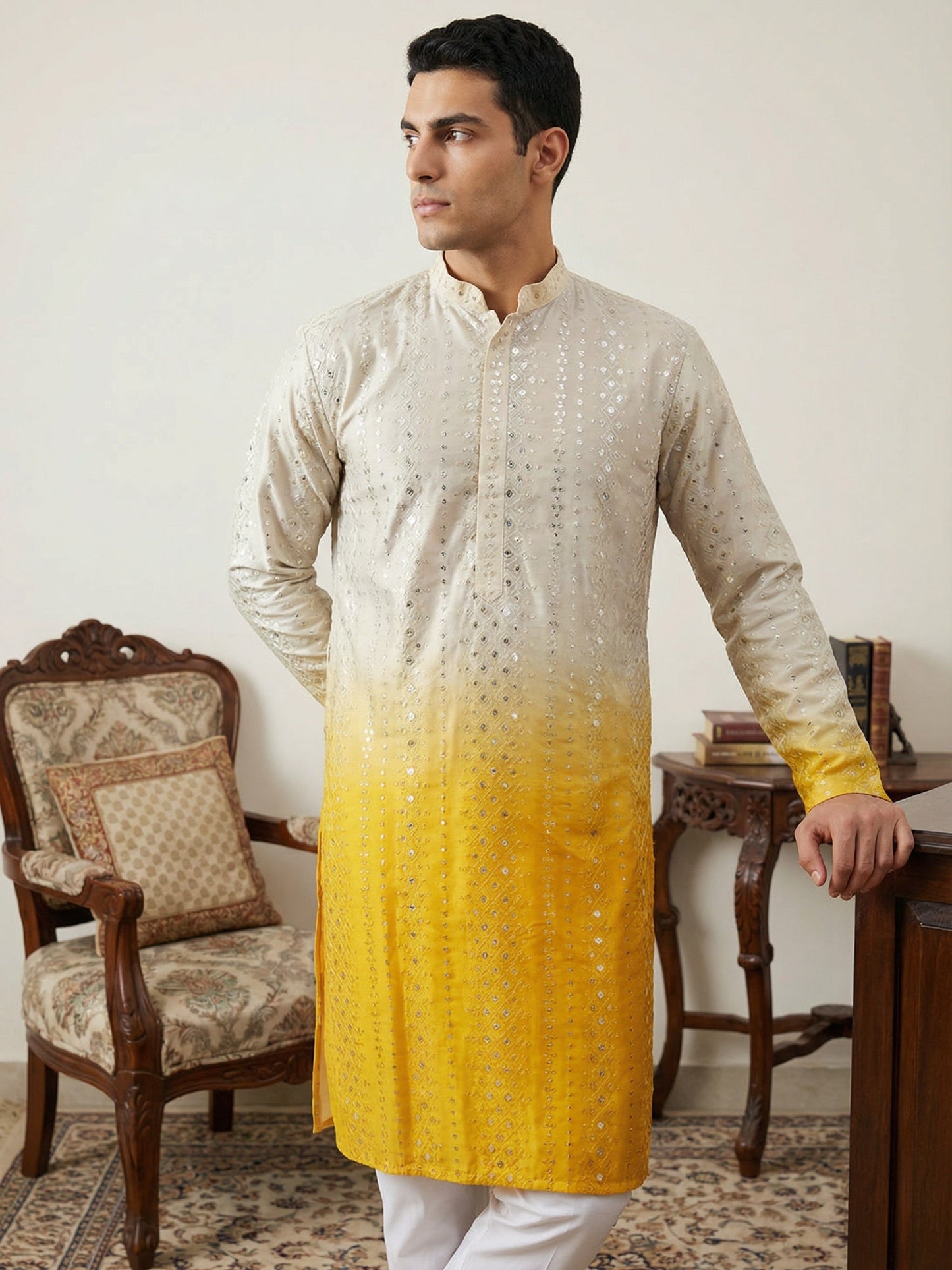 Ombre Silk Blend Kurta with Sequin Work ( 65KO 5357Yellow S ) [FF] [Q-12-13]