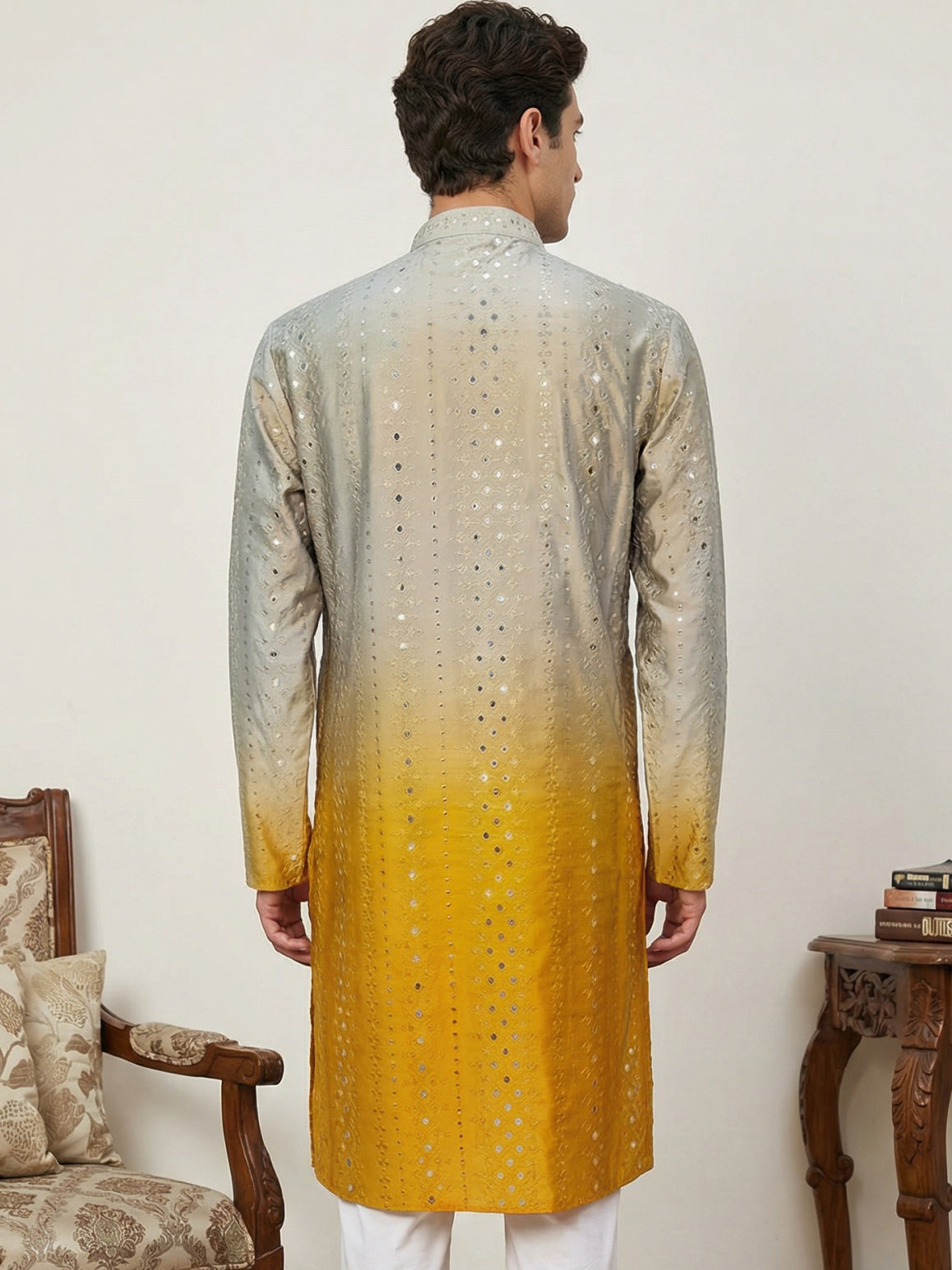 Ombre Silk Blend Kurta with Sequin Work ( 65KO 5357Yellow S ) [FF] [Q-12-13]